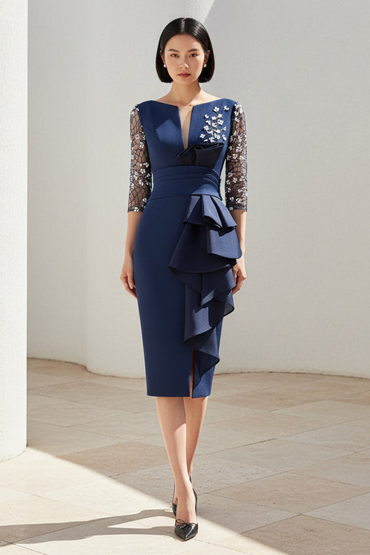 Lace 3/4 Sleeve Applique Ruffles Mermaid Tea-Length Evening Dress