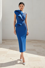 Lace Applique Ruffles Sleeveless Mermaid Tea-Length Evening Dress