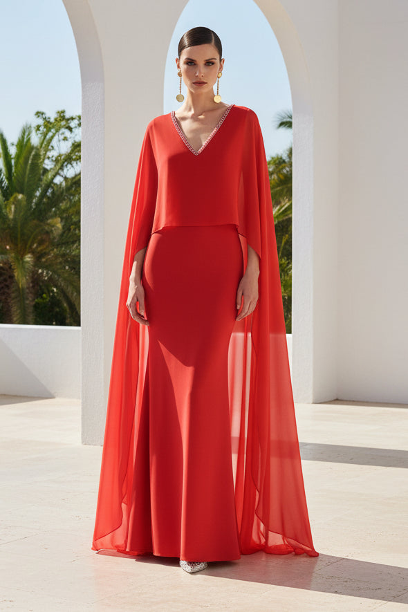 Mermaid Dress with Shawl V-Neck Beaded Mermaid Evening Dress