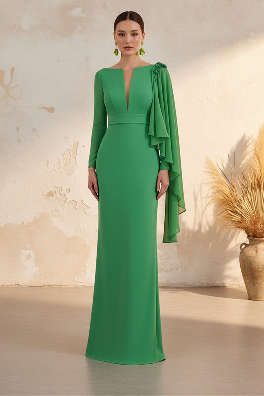 Green Cape Sleeve Mermaid Floor-Length Evening Dress