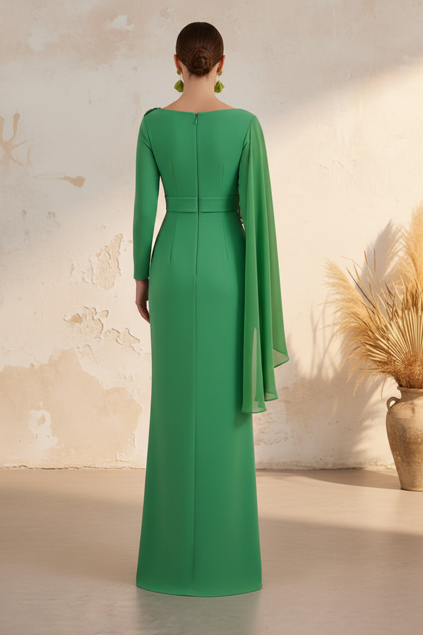 Green Cape Sleeve Mermaid Floor-Length Evening Dress