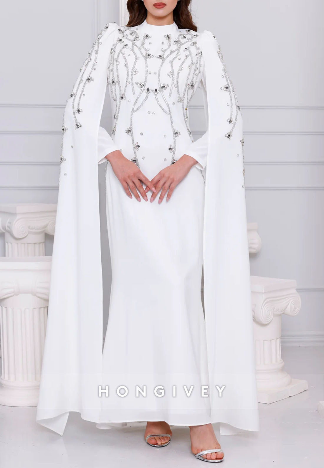 High Neck Long Sleeves Trumpet Ankle-Length Evening Gowns with Beading