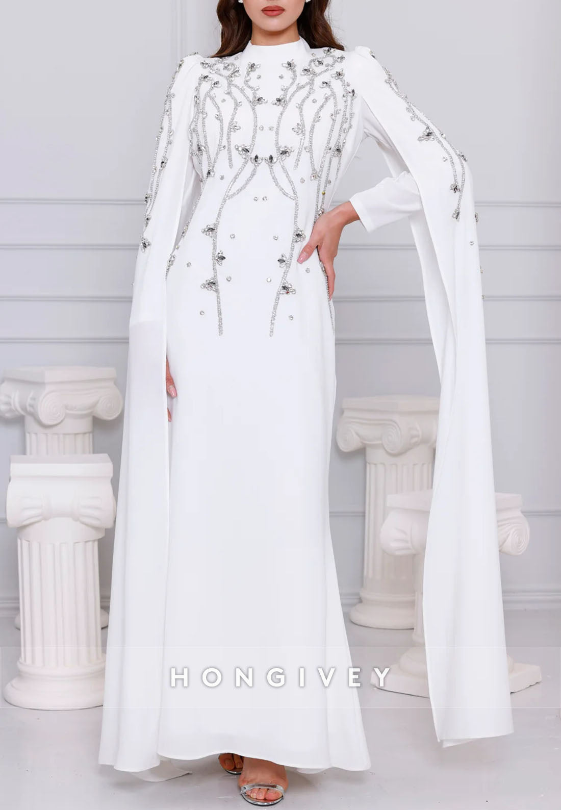 High Neck Long Sleeves Trumpet Ankle-Length Evening Gowns with Beading