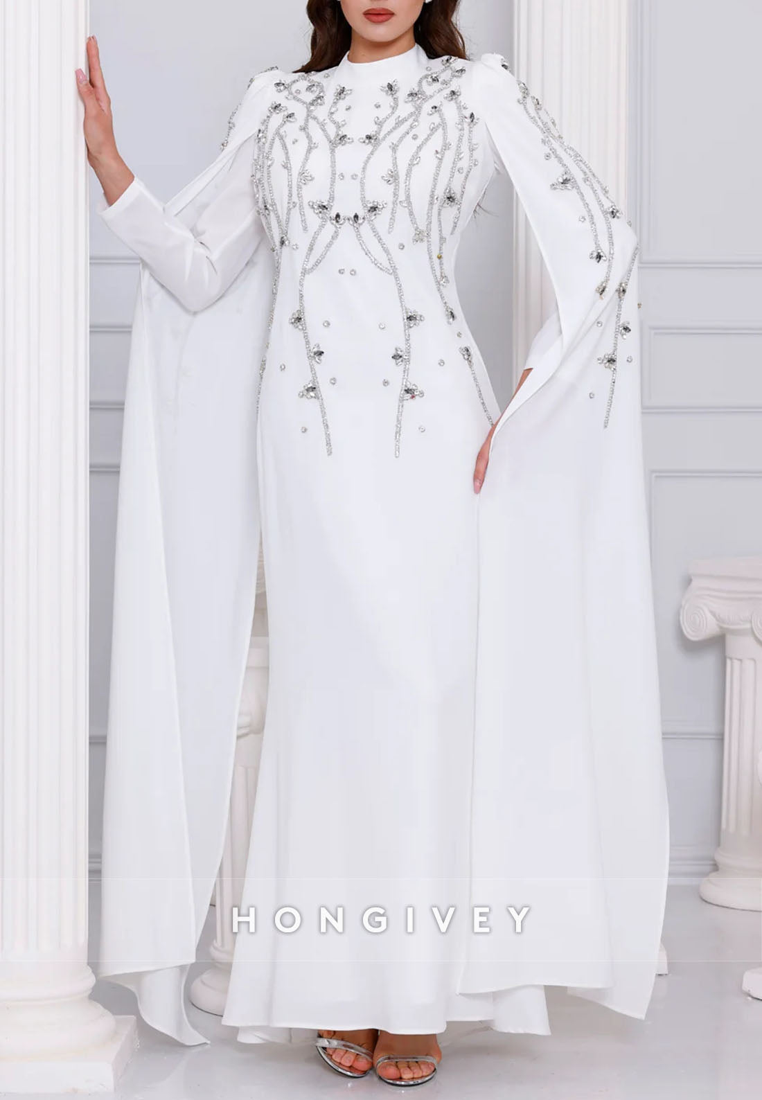 High Neck Long Sleeves Trumpet Ankle-Length Evening Gowns with Beading