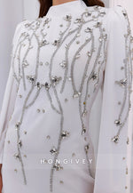 High Neck Long Sleeves Trumpet Ankle-Length Evening Gowns with Beading