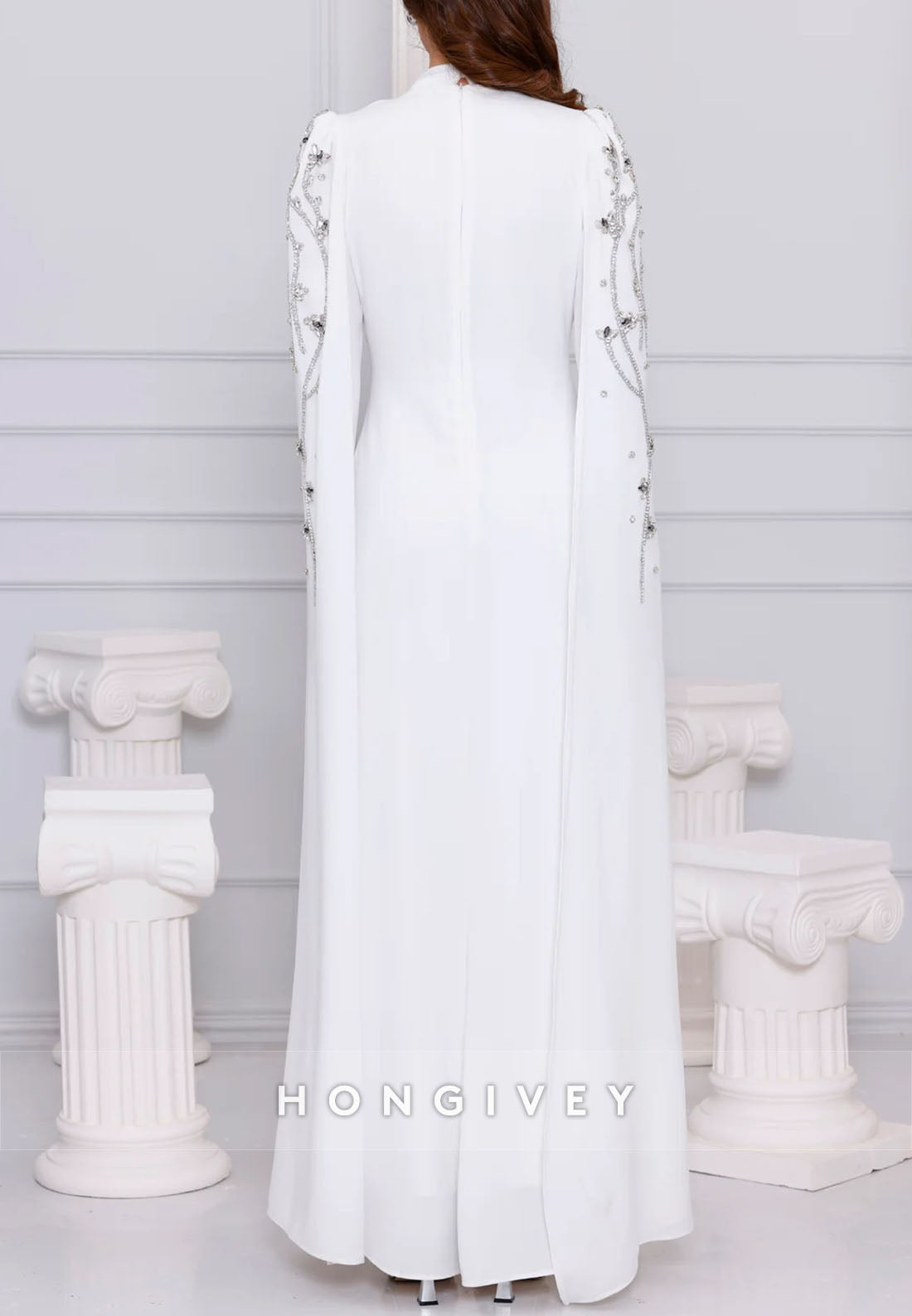 High Neck Long Sleeves Trumpet Ankle-Length Evening Gowns with Beading