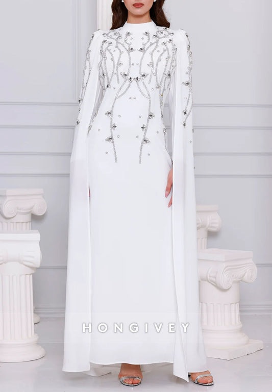 High Neck Long Sleeves Trumpet Ankle-Length Evening Gowns with Beading