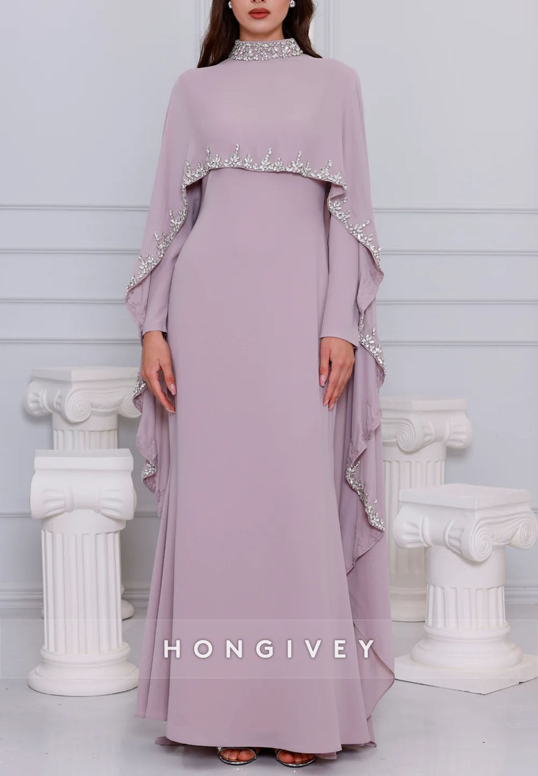 High Neck Long Sleeves Shawl Floor-Length Trumpet Evening Gowns with Cape