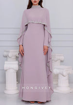 High Neck Long Sleeves Shawl Floor-Length Trumpet Evening Gowns with Cape