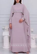 High Neck Long Sleeves Shawl Floor-Length Trumpet Evening Gowns with Cape
