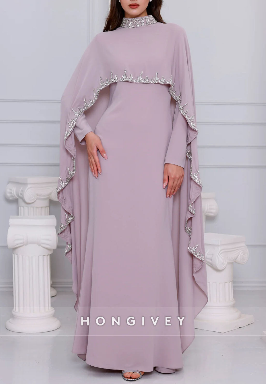High Neck Long Sleeves Shawl Floor-Length Trumpet Evening Gowns with Cape