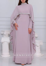 High Neck Long Sleeves Shawl Floor-Length Trumpet Evening Gowns with Cape