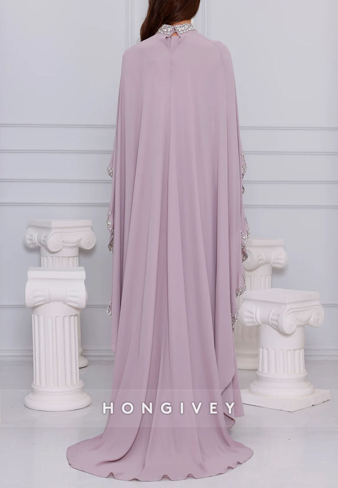 High Neck Long Sleeves Shawl Floor-Length Trumpet Evening Gowns with Cape