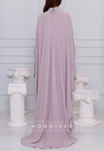 High Neck Long Sleeves Shawl Floor-Length Trumpet Evening Gowns with Cape