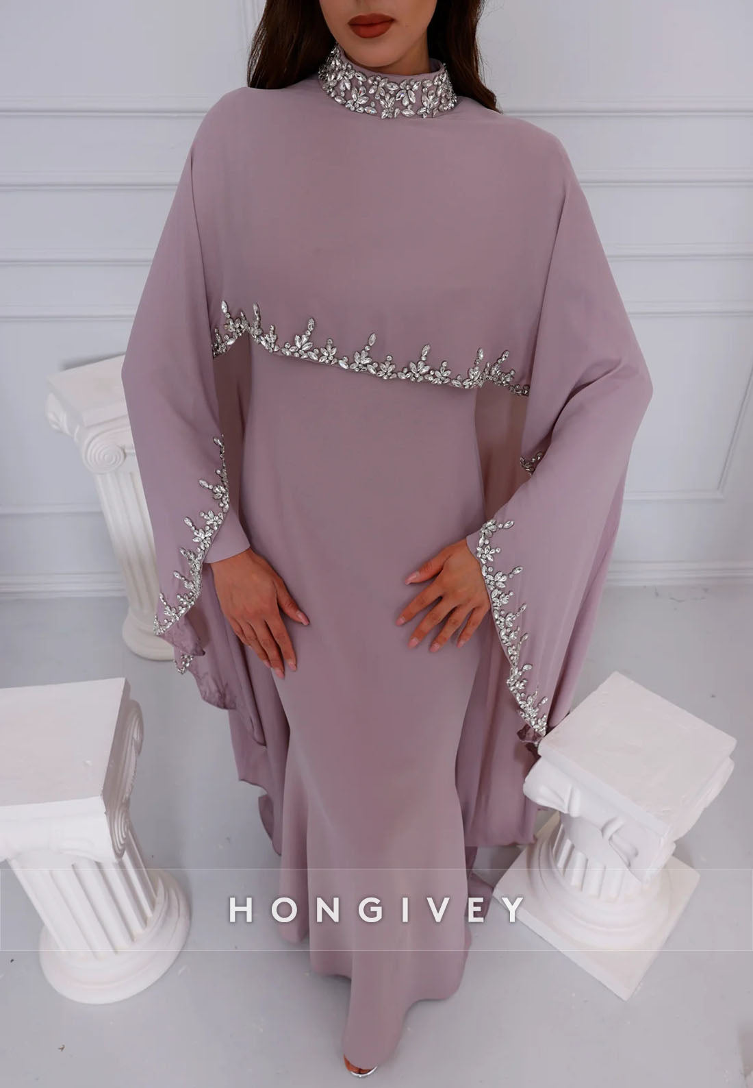 High Neck Long Sleeves Shawl Floor-Length Trumpet Evening Gowns with Cape