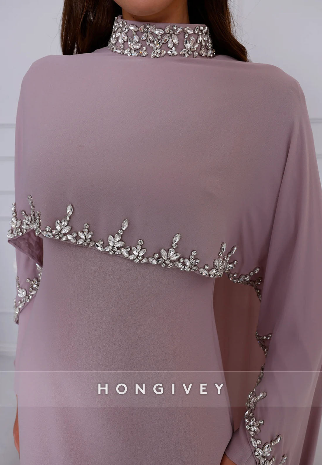 High Neck Long Sleeves Shawl Floor-Length Trumpet Evening Gowns with Cape