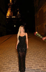 Spaghetti Strap Black Feather Sequins Lace Mermaid Sleevless Prom Dress