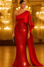 Mermaid Floor Length with Cape Evening Gown Formal Dress Elegant Sparkle Silky Sleeveless One Shoulder Formal Wedding Capes Satin Sequined with Glitter Sequin