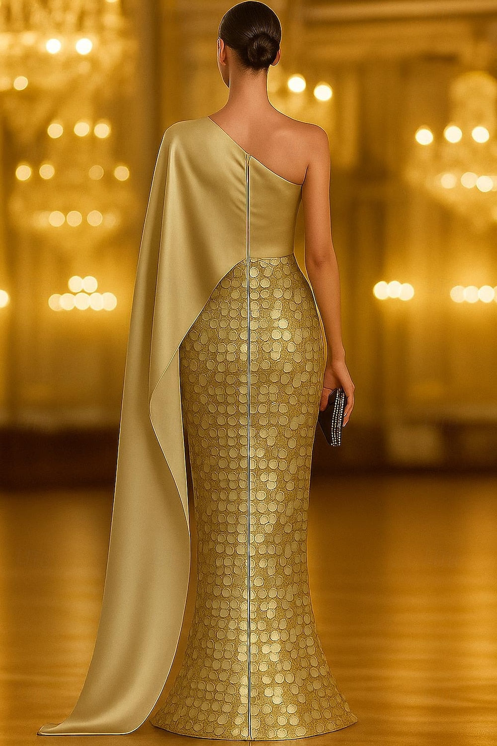 Mermaid Floor Length with Cape Evening Gown Formal Dress Elegant Sparkle Silky Sleeveless One Shoulder Formal Wedding Capes Satin Sequined with Glitter Sequin