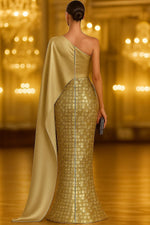 Mermaid Floor Length with Cape Evening Gown Formal Dress Elegant Sparkle Silky Sleeveless One Shoulder Formal Wedding Capes Satin Sequined with Glitter Sequin