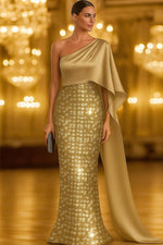 Mermaid Floor Length with Cape Evening Gown Formal Dress Elegant Sparkle Silky Sleeveless One Shoulder Formal Wedding Capes Satin Sequined with Glitter Sequin
