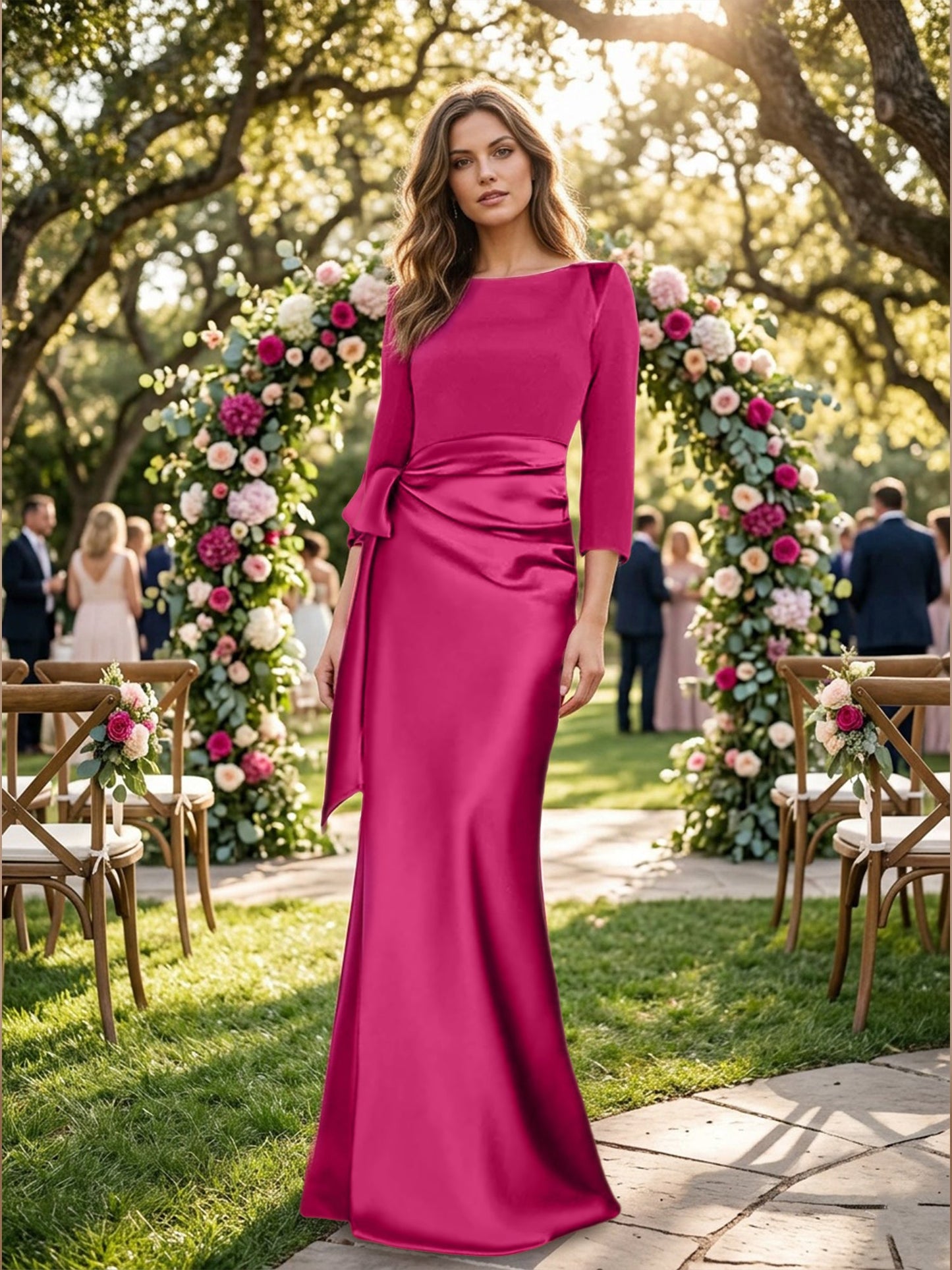 Scoop 3/4 Length Sleeves Floor-Length Mother of the Bride Dresses with Bow