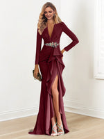 V-Neck Long Sleeves Floor-Length Mother of the Bride Dresses with Crepe Beading