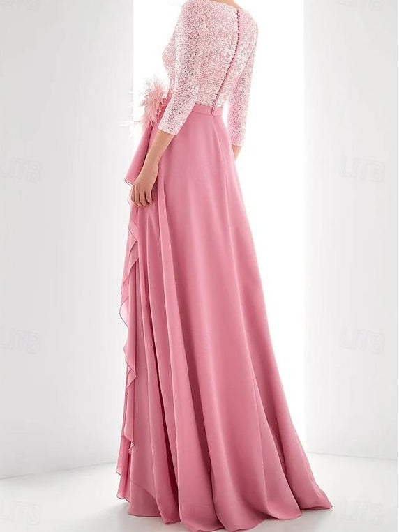 Jewel Neck Long Sleeves Asymmetrical Mother of the Bride Dresses With Sequin & Feather & Pearls