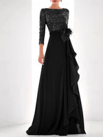 Jewel Neck Long Sleeves Asymmetrical Mother of the Bride Dresses With Sequin & Feather & Pearls