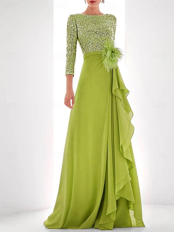 Jewel Neck Long Sleeves Asymmetrical Mother of the Bride Dresses With Sequin & Feather & Pearls