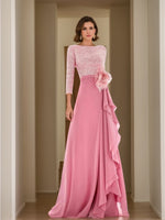 Jewel Neck Long Sleeves Asymmetrical Mother of the Bride Dresses With Sequin & Feather & Pearls