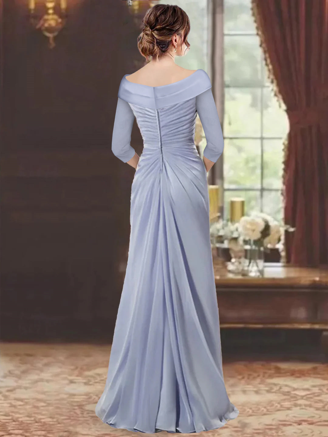 V-Neck Half Sleeves Floor-Length Mother of the Bride Dresses with Ruffles & Appliques