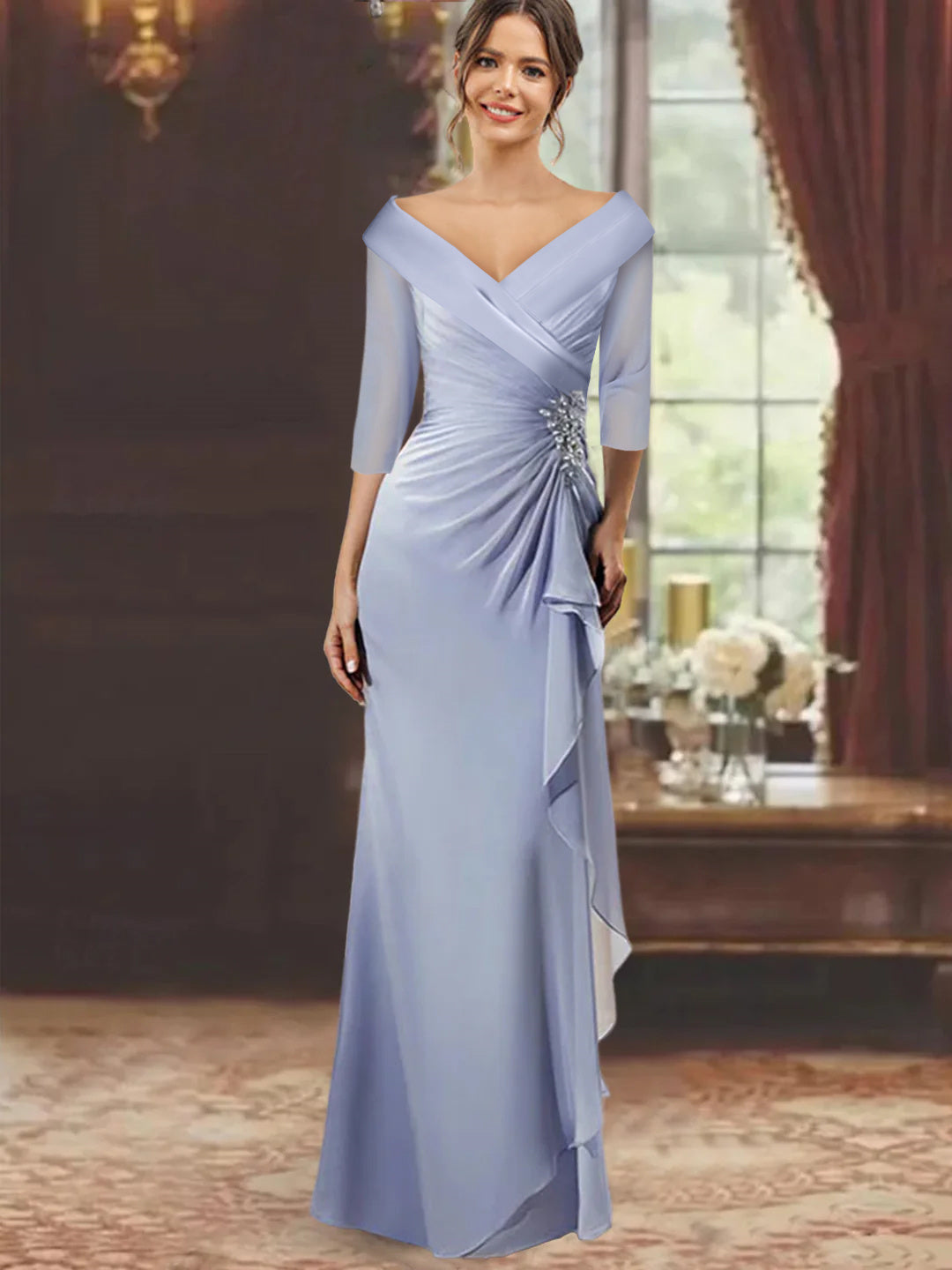 V-Neck Half Sleeves Floor-Length Mother of the Bride Dresses with Ruffles & Appliques
