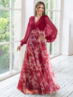 V-Neck Long Sleeves Floor Length Floral Mother of the Bride Dresses With Flower