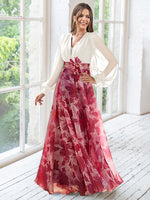 V-Neck Long Sleeves Floor Length Floral Mother of the Bride Dresses With Flower