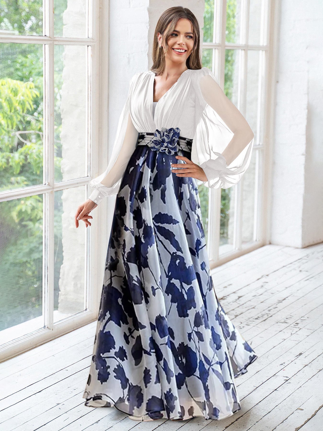 V-Neck Long Sleeves Floor Length Floral Mother of the Bride Dresses With Flower