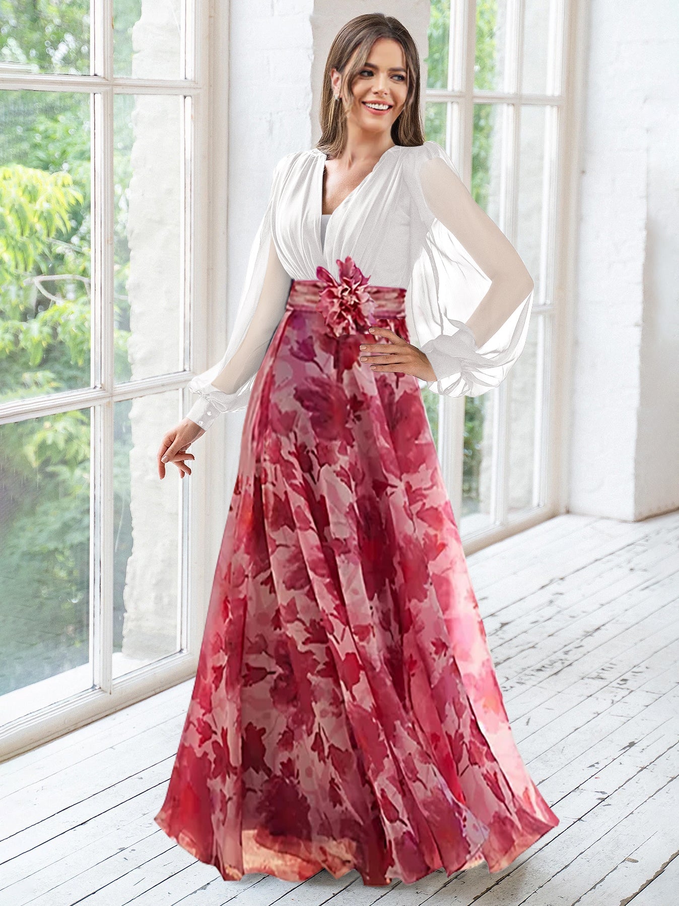 V-Neck Long Sleeves Floor Length Floral Mother of the Bride Dresses With Flower