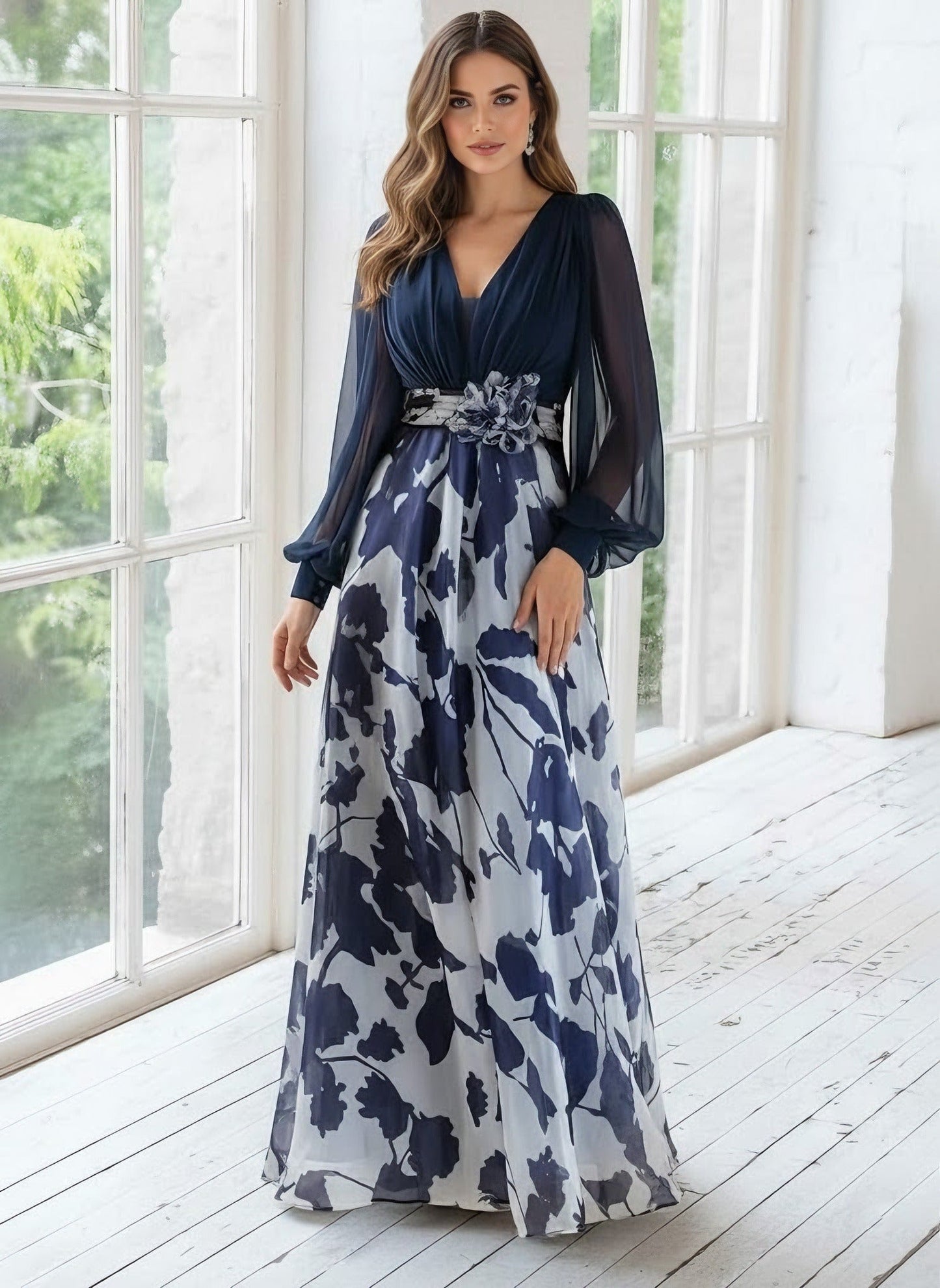 V-Neck Long Sleeves Floor Length Floral Mother of the Bride Dresses With Flower