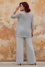 3 Pieces Scoop Neck 3/4 Sleeves Plus Size Mother of the Bride Pantsuits with Lace & Sequins & Jacket Ankle-Length