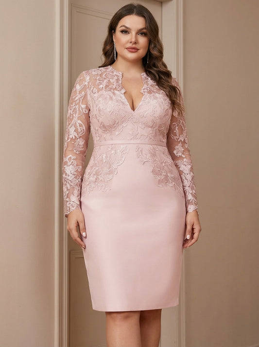 V-Neck Plus Size Mother of the Bride Dresses with Lace Long Sleeves Knee-Length
