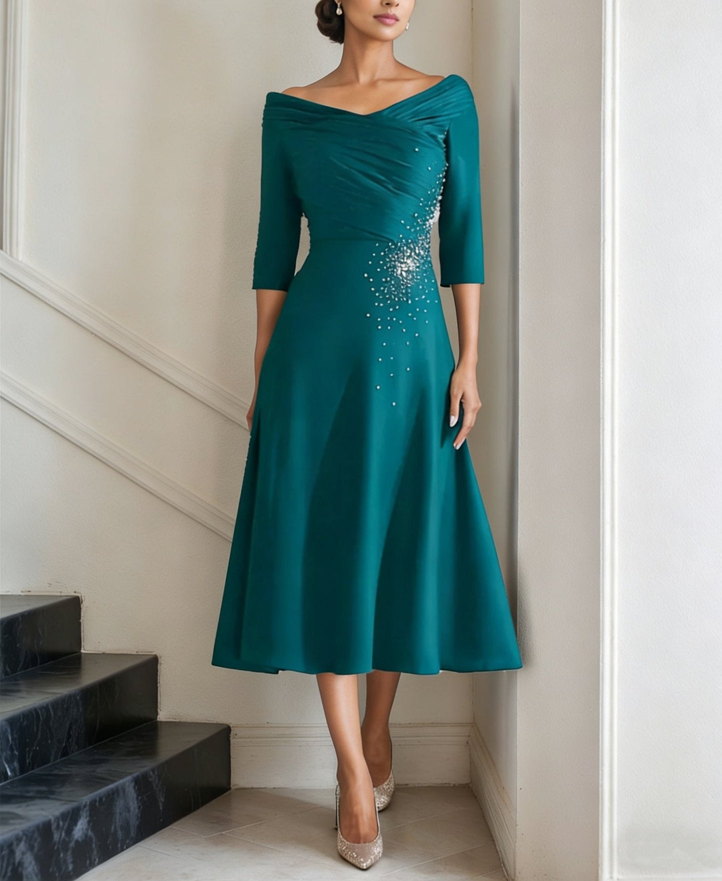 Off-the-Shoulder Satin Mother of the Bride Dresses Beading Ruched 3/4 Sleeves Tea-Length Cocktail Dress