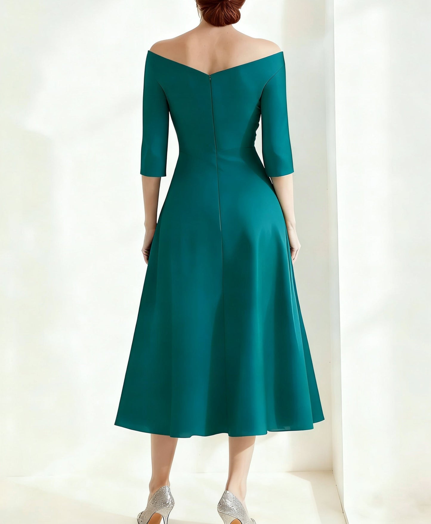 Off-the-Shoulder Satin Mother of the Bride Dresses Beading Ruched 3/4 Sleeves Tea-Length Cocktail Dress