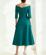 Off-the-Shoulder Satin Mother of the Bride Dresses Beading Ruched 3/4 Sleeves Tea-Length Cocktail Dress
