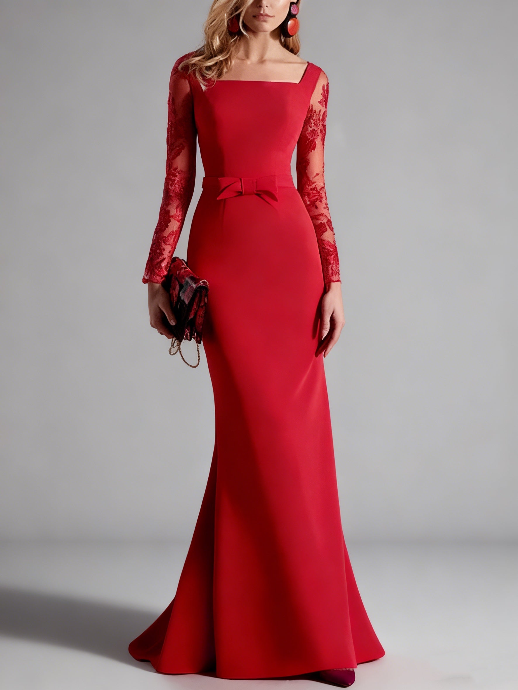 Square Collar Mother of the Bride Dresses Stretch Satin Floor-Length Lace Long Sleeves