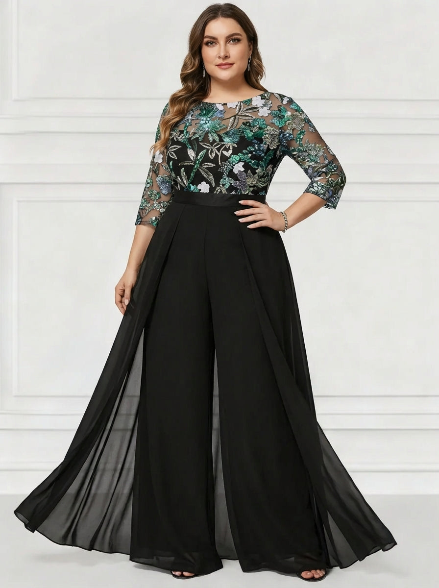 Jumpsuit Scoop Chiffon Plus Size Mother of the Bride Pantsuits Floor-Length 3/4 Sleeves Floral Sequins