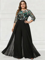 Jumpsuit Scoop Chiffon Plus Size Mother of the Bride Pantsuits Floor-Length 3/4 Sleeves Floral Sequins