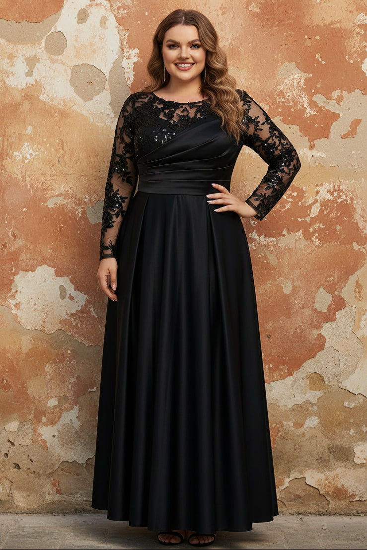 Satin Scoop Plus Size Mother of the Bride Dresses Lace Ruched Long Sleeves Ankle-Length