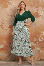 V-Neck Satin Plus Size Mother of the Bride Dresses 3/4 Sleeves Tea-Length Floral with Bow Pleats