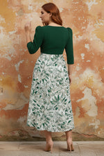 V-Neck Satin Plus Size Mother of the Bride Dresses 3/4 Sleeves Tea-Length Floral with Bow Pleats