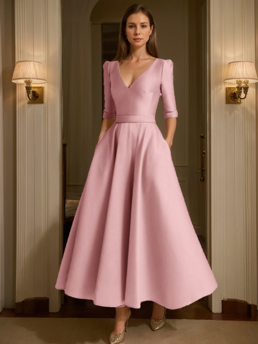 V-Neck Satin Mother of the Bride Dresses Half Sleeves Ankle-Length Formal Dresses